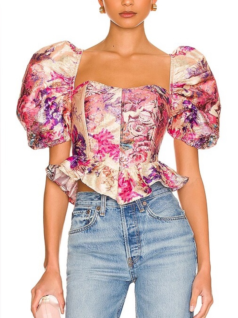 HEMANT AND NANDITA Leah Top Salmon Pink Floral Brocade Puff Sleeve Corset Small - Picture 2 of 10